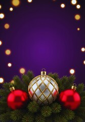 Festive Christmas Ornament Arrangement with Bokeh Lights and Purple Background