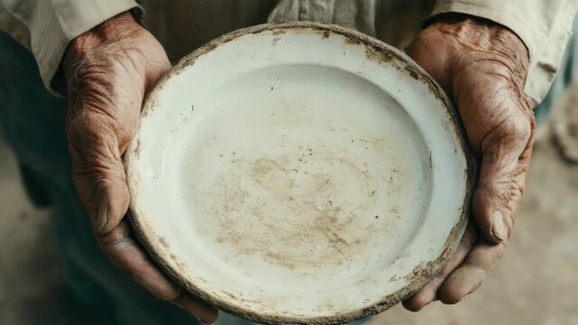 The image shows a person holding an old, hand-crafted plate made from clay. The plate is dirty and has a textured appearance typical of earthware pottery.