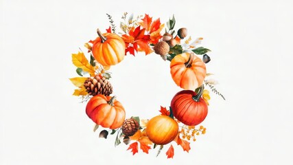 Fall themed wreath with pumpkins and cones