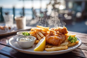 Seaside lunch: crispy battered fish and french fries with lemon and tartar sauce on warm daylight wood