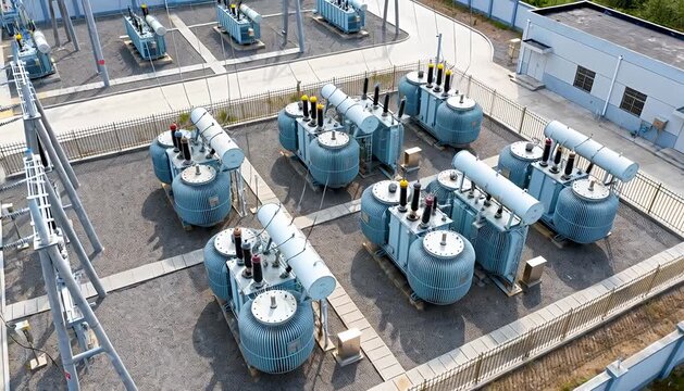 Aerial overview of an industrial substation with multiple electrical transformers and power lines,.
