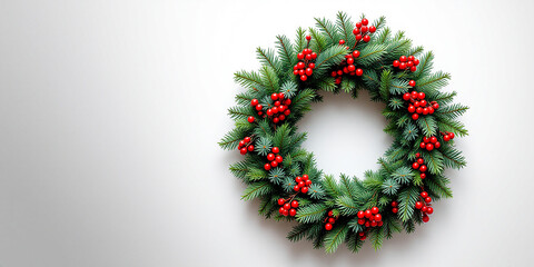 Christmas Pine Wreath with Red Berries on White Background