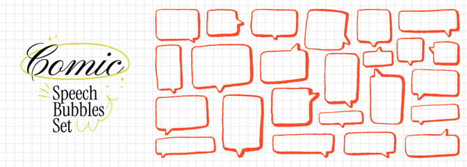 Comic pen speech bubble set. Funky vector charcoal rectangular shapes. Crayon line outlines and doodle school balloon silhouettes for text. Pencil talk and message text box collection.