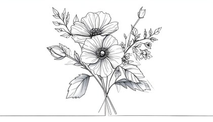 Delicate pen & ink illustration of a floral bouquet with two large blooms