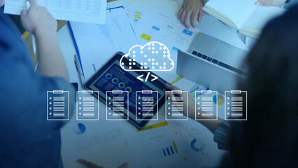 Document Management System DMS cloud computing Artificial Intelligence AI learning, Developer training a machine learning model cloud-based data documents stored on a secure cloud network.
