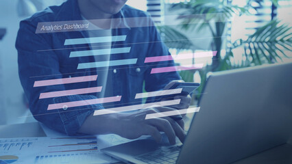 Project management concept, colleagues collaborating on a teamwork project timeline task and team planning a schedule, virtual analytics dashboard