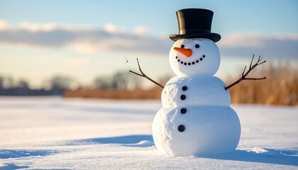 Obraz premium Snowman with black top hat, carrot nose, coal smile, and five buttons standing in snowy field under blue sky.