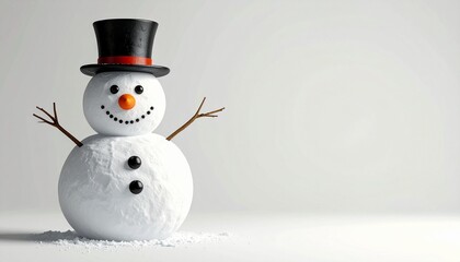 Classic snowman with black top hat, red band, carrot nose, coal smile, stick arms, and buttons on snowy surface.