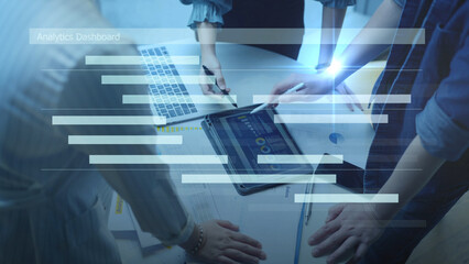 Project management concept, colleagues collaborating on a teamwork project timeline task and team planning a schedule, virtual analytics dashboard