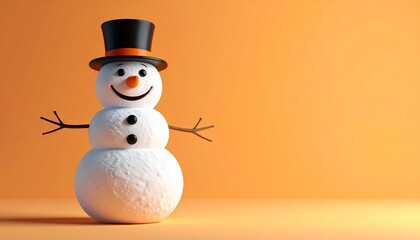 Cheerful snowman with black top hat, orange band, carrot nose, coal smile, and stick arms on warm orange background.