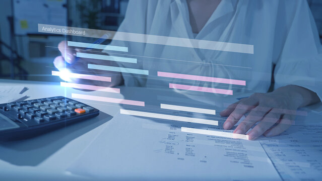 Project management concept, colleagues collaborating on a teamwork project timeline task and team planning a schedule, virtual analytics dashboard