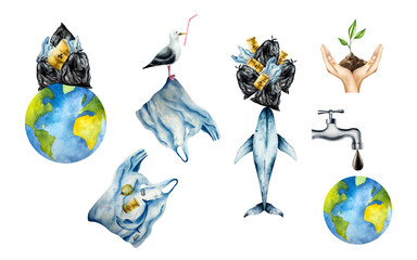 Planet earth and whale with Mountain of garbage. Watercolor hand drawn earth day globe, Bags filled with trash, rusty oil barrels illustration isolated on background. Agriculture, organic gardening
