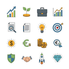 "Business and Finance Icon Set - Colorful Flat Line Icons Collection on White Background"