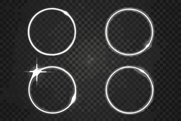 Four glowing white circle frames isolated on a transparent background