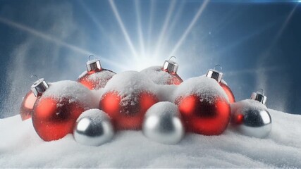 Luxurious red and silver Christmas ornaments covered dramatically by fresh snow powder against a glowing blue cinematic background, high resolution slow motion video. - Powered by Adobe