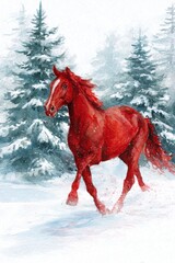 Watercolor New Year's illustration, symbol of 2026: a red fiery horse running through a snowy forest. Chinese New Year. AI generative.