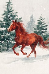 Watercolor New Year's illustration, symbol of 2026: a red fiery horse running through a snowy forest. Chinese New Year. AI generative.