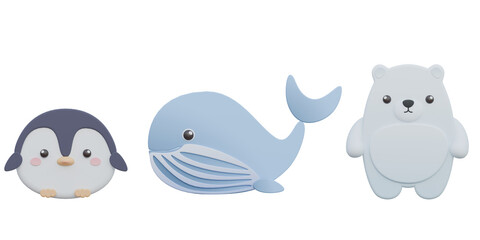 3d illustrations of baby whale,penguins and polar bear for cute cartoon  decoration.3d render.