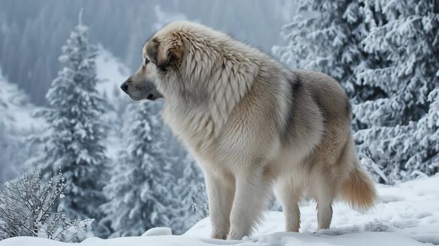 A fluffy Alabai dog stands in deep snow against a backdrop of winter forest covered in frost and cold mist.