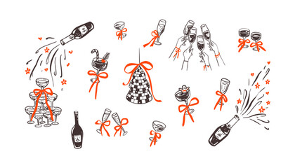 Merry Christmas and Happy New Year girly bachelorette champagne disco party. People raising hands with celebration toast with champaign glasses. Girly cocktail tower with coquette cute bows