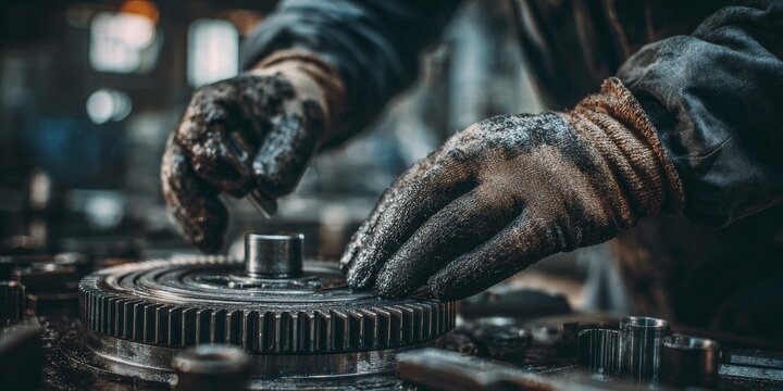 Mechanic man wearing dirty work gloves works with gear in workshop. Industrial maintenance and automotive repair concept. Mechanical engineering.