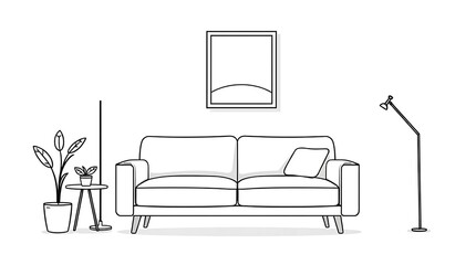 Minimalist interior design illustration of a sofa and decorative elements