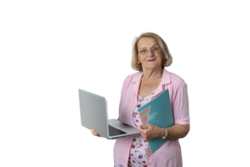 Senior woman holding laptop and folder smiling