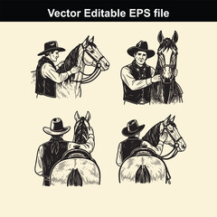 collection of four vector illustrations depicting cowboys interacting with horses, showing closeups of the upper body and rear views with saddles