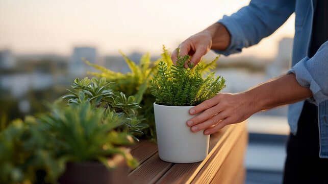 Man tending potted plant on urban rooftop garden