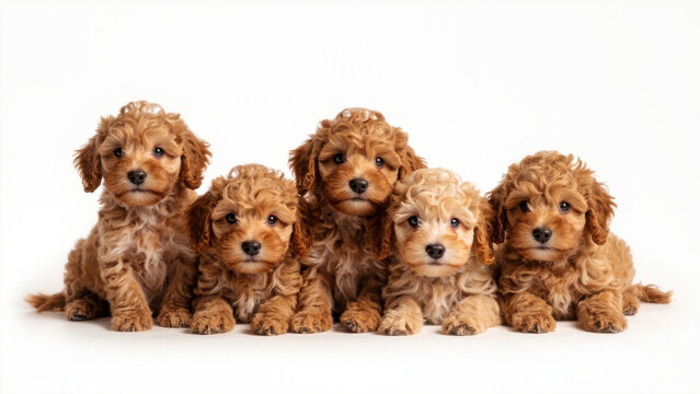 Adorable litter of five Cavapoo puppies posing together on a white background