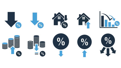 Real Estate & Financial Downward Trends Icons Illustrating Decreases, Percentages, and Declines