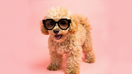 Adorable poodle wearing pixelated sunglasses on a soft pink background