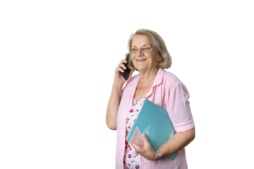 Senior woman talking on mobile phone holding folder