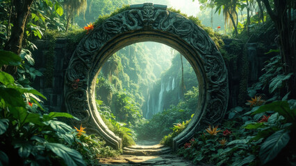 Ancient stone archway leads to a lush, vibrant tropical rainforest landscape