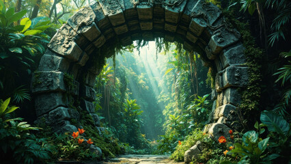 Ancient stone archway in a lush, vibrant jungle setting with sunlight streaming through