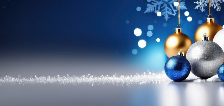 christmas ornaments on glittery surface, blue bokeh, banner concept of retail, marketing, events
