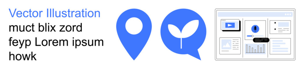 Navigation, sustainability, data analysis, environmental technology, location-based services, modern design. Blue location marker and leaf icon with data charts. Navigation and sustainability concept