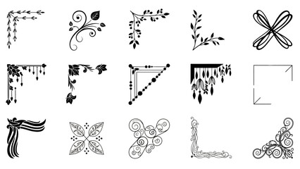A diverse set of fifteen black vector corner decorations, featuring floral swirls, calligraphic ornaments, and elegant page frame elements