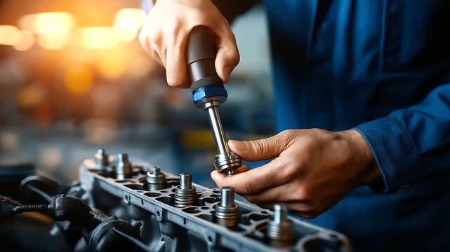 Cylinder head repair, bolt tightening process, engine maintenance detail, mechanic using torque wrench, automotive precision work, professional service procedure, faceless technici