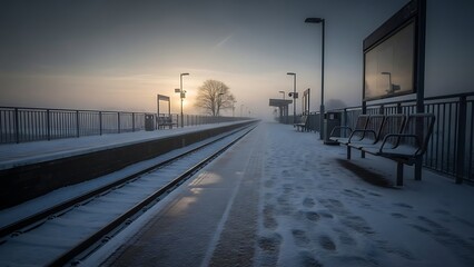 Ethereal winter scene at train platform as sunrise breaks through the fog, a serene travel moment