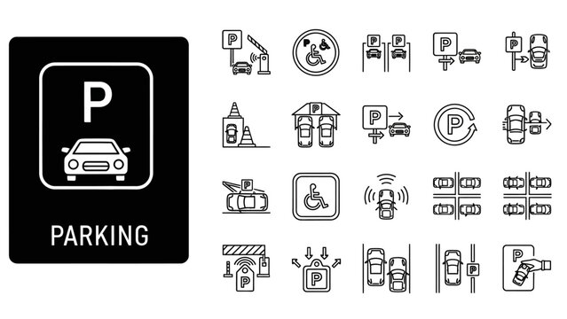 A comprehensive collection of line icons representing various aspects of car parking, including signs, payment systems, accessibility, and automated services