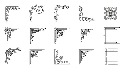 A versatile collection of fifteen vintage corner border elements, featuring elegant floral, swirl, and calligraphic line art designs for page decoration