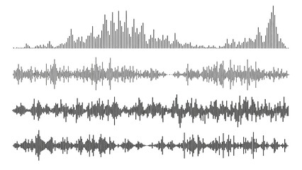 Abstract digital audio waveforms illustrating diverse sound spectrums and dynamic frequency data visualization for technology and information display