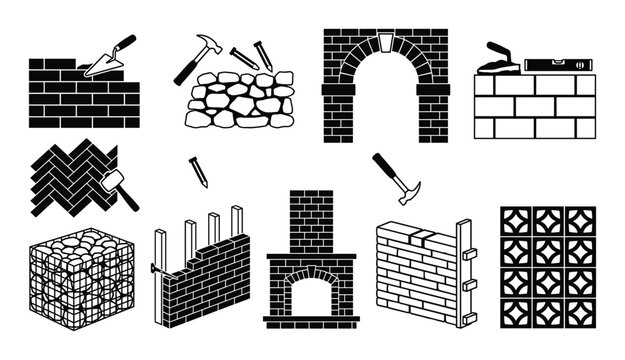 Building construction material and tool icons. Brick wall, stone masonry, chimney element.