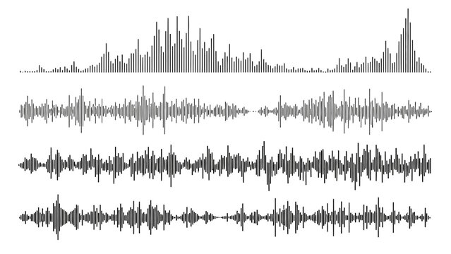 Abstract digital audio waveforms illustrating diverse sound spectrums and dynamic frequency data visualization for technology and information display