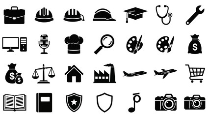 A versatile set of solid black glyph icons representing diverse professions, business sectors, and lifestyle concepts, provided as a digital data collection