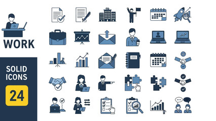 Set of solid glyph icons for business management, depicting corporate workflow, project data, and office tasks
