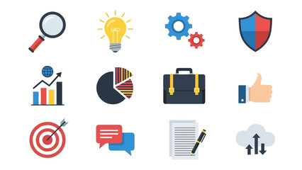 Set of flat design vector icons for business, data analysis, and marketing concepts on a white background