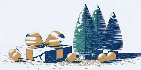 Gold ornaments scatter near a white gift box and green snowcovered trees render a festive scene