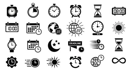 A versatile collection of monochrome glyph icons for time management, featuring clocks, calendars, stopwatches, and deadline symbols. Simple flat vector design elements for business and web